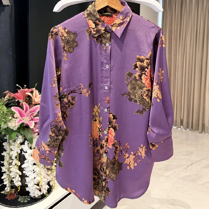 Royal Lavender Vintage Floral Silk Shirt