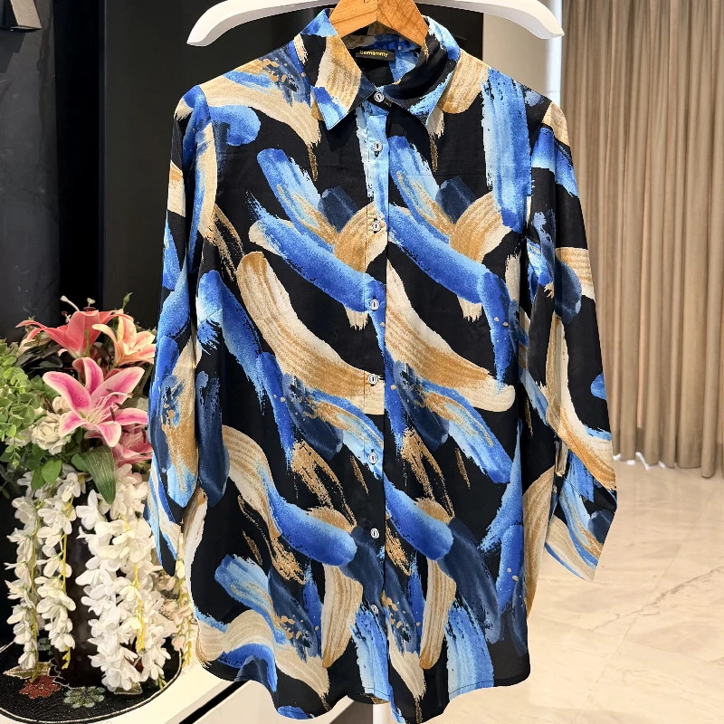 Midnight Blue Brushstroke Silk Shirt