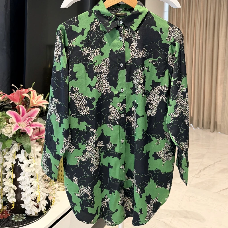 Abstract Forest Green Soft Silk Shirt